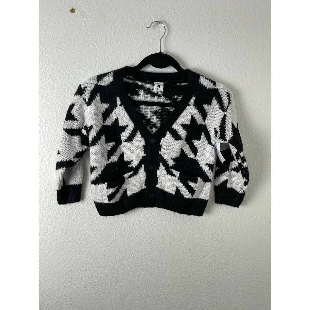 Nordstrom STEM Sz 4 Girls Cardigan Black White V Neck Long Sleeve NWT
